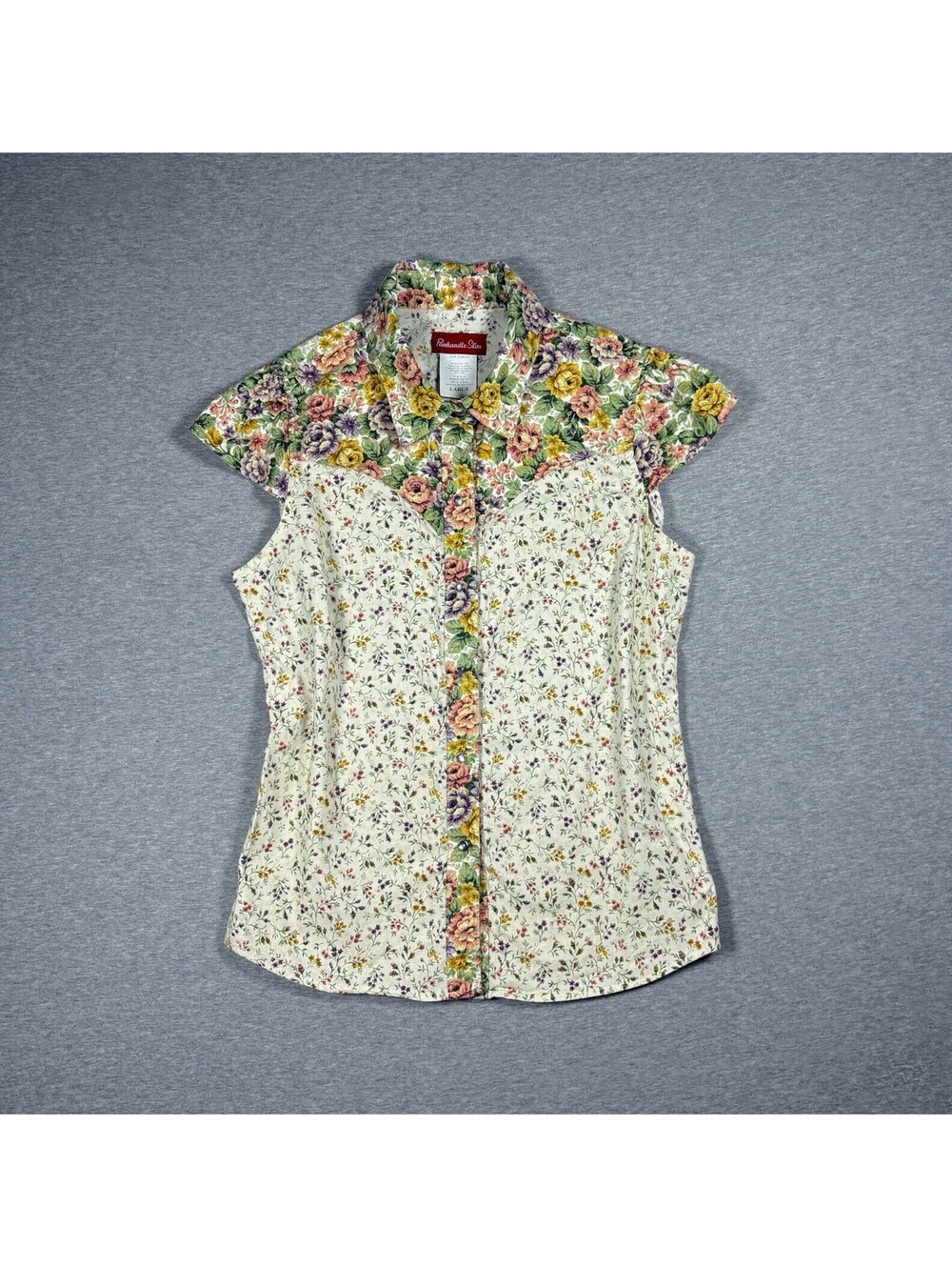 Vintage Panhandle Slim Cap Sleeve Pearlsnap Shirt Floral Western Cowgirl Size L